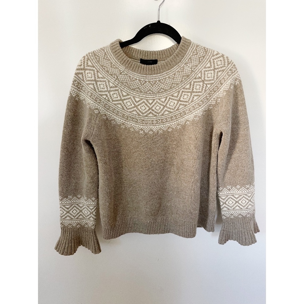 J.Crew Fair Isle Merino Wool Ruffle Sleeve Crewneck Sweater Tan S - Picture 2 of 7
